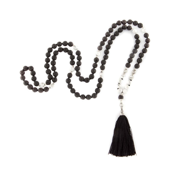 Mala lava stone and okenite jewelry - Bodhi - black tassel