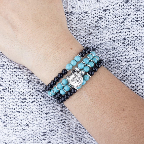 Mala long bracelet/necklace - Turquoise and black agate